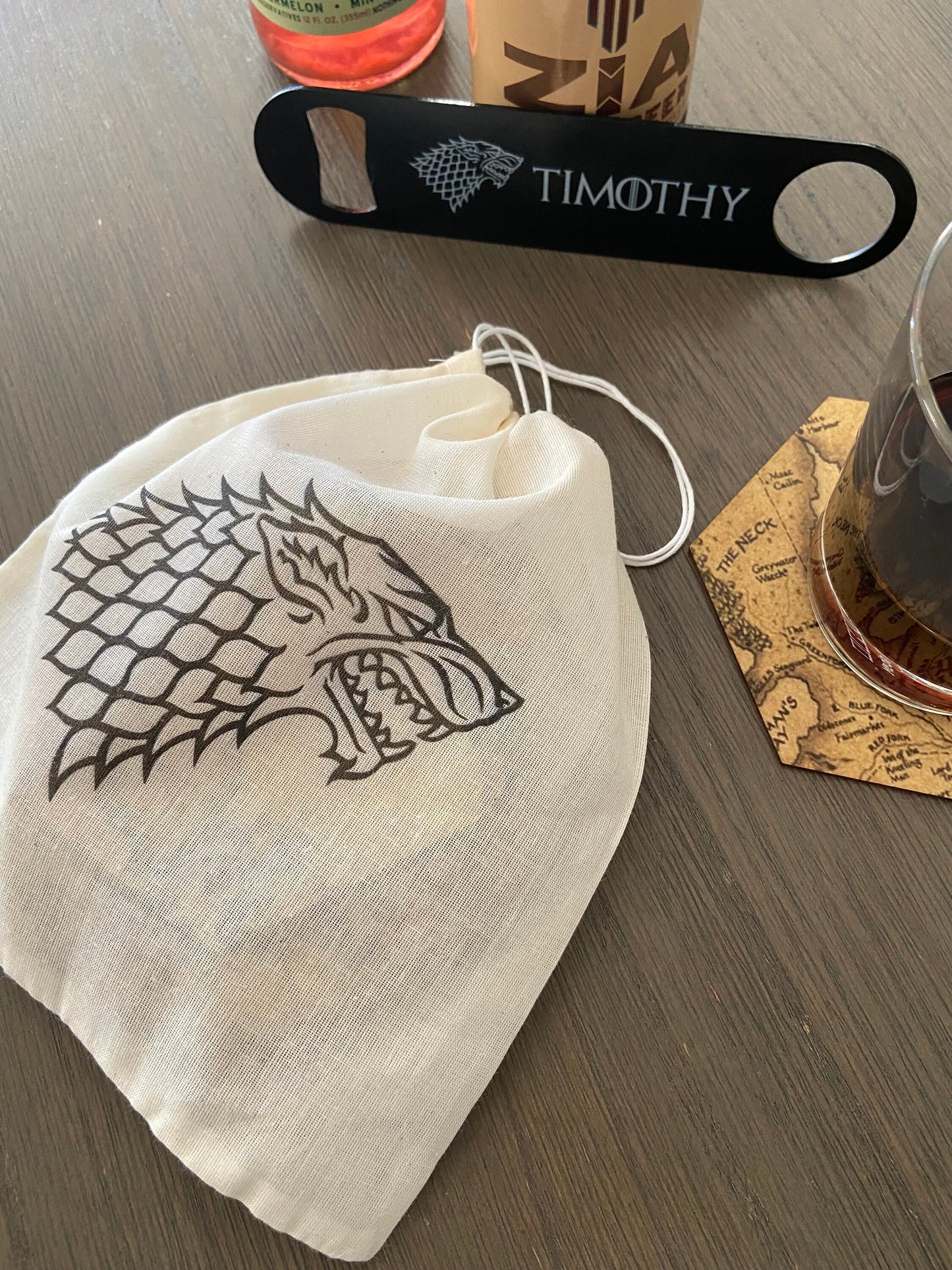 GOT Inspired Coaster Map Set with Black Stainless Steel Bottle Opener and Drawstring Bag