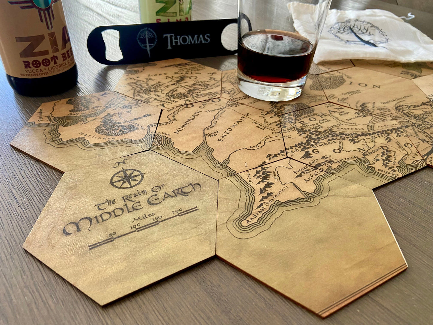 LOTR Inspired Full Color Coaster Map Set with Black Stainless Steel Bottle Opener and Drawstring Bag