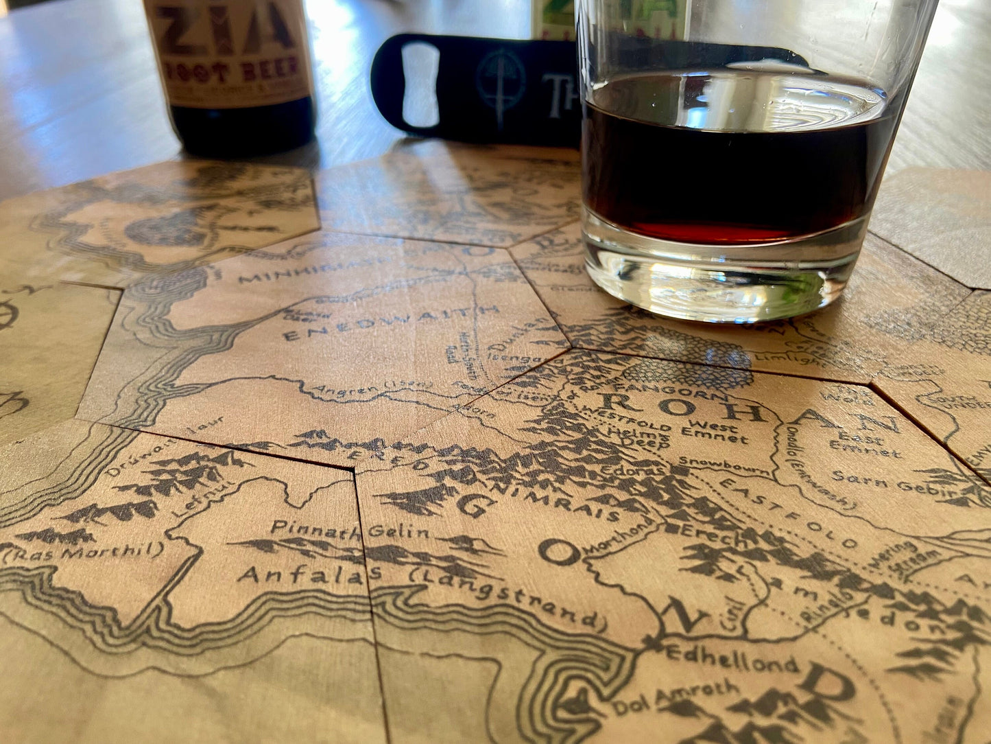 LOTR Inspired Full Color Coaster Map Set with Black Stainless Steel Bottle Opener and Drawstring Bag