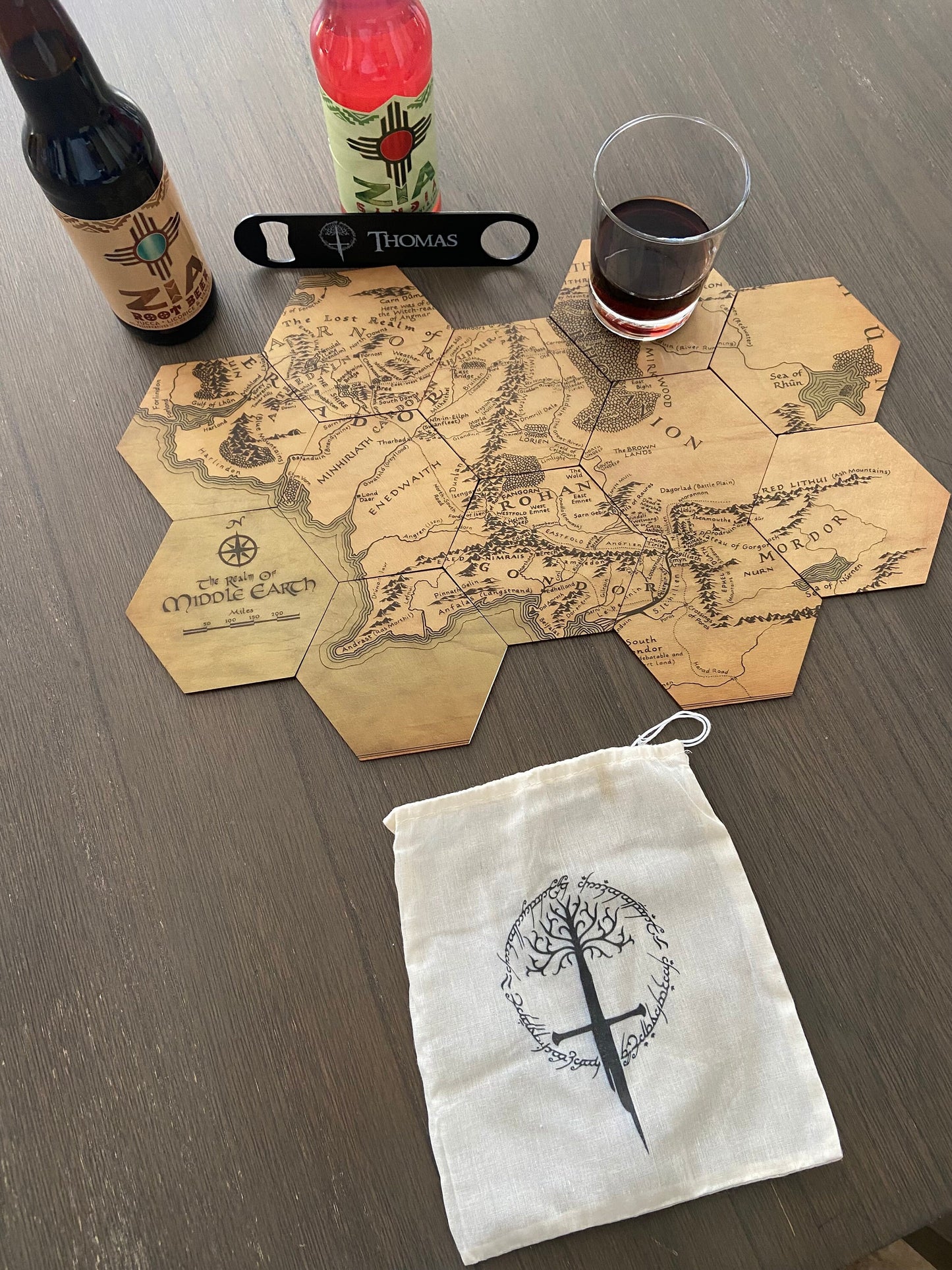 LOTR Inspired Full Color Coaster Map Set with Black Stainless Steel Bottle Opener and Drawstring Bag
