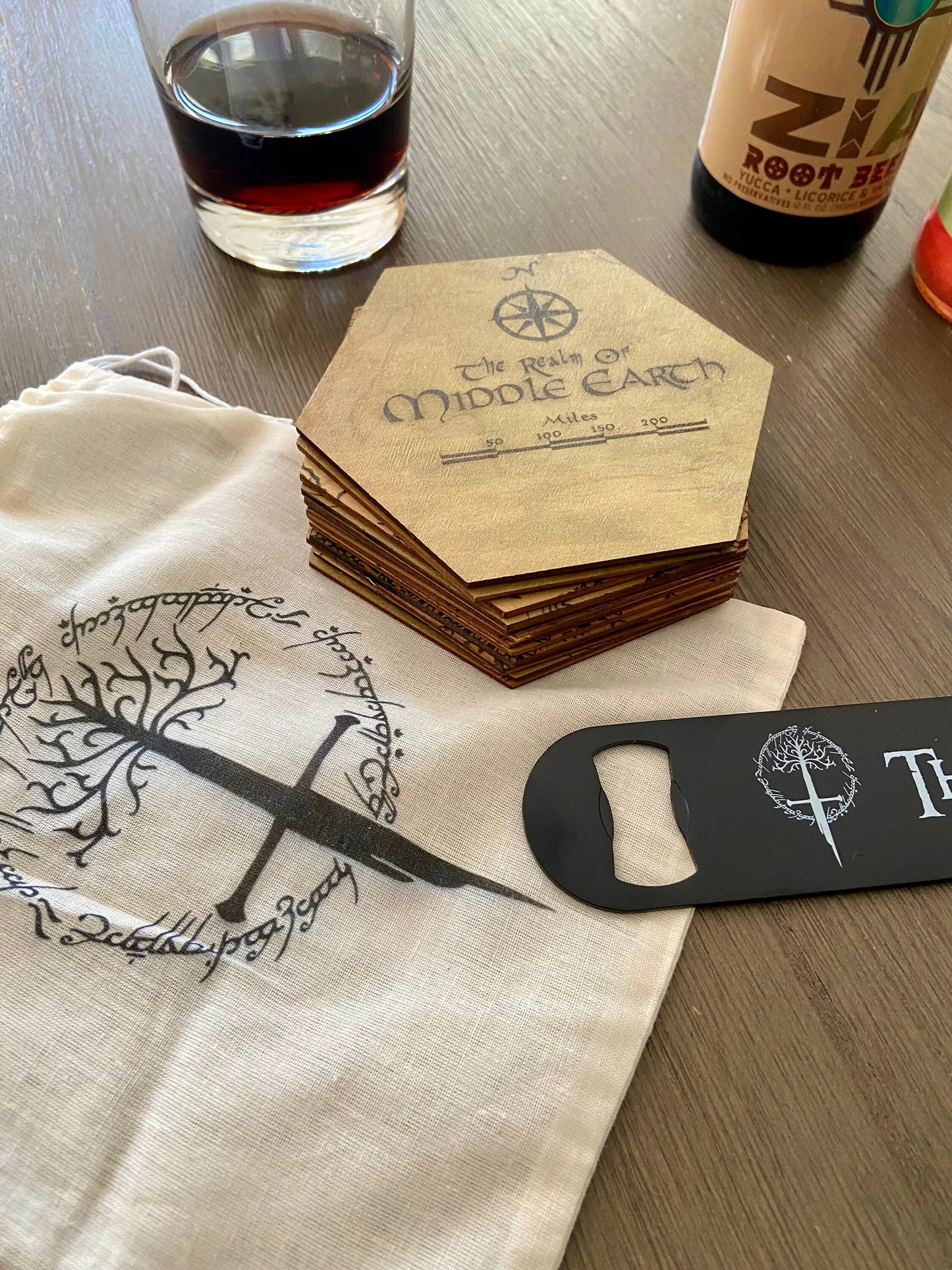 LOTR Inspired Full Color Coaster Map Set with Black Stainless Steel Bottle Opener and Drawstring Bag