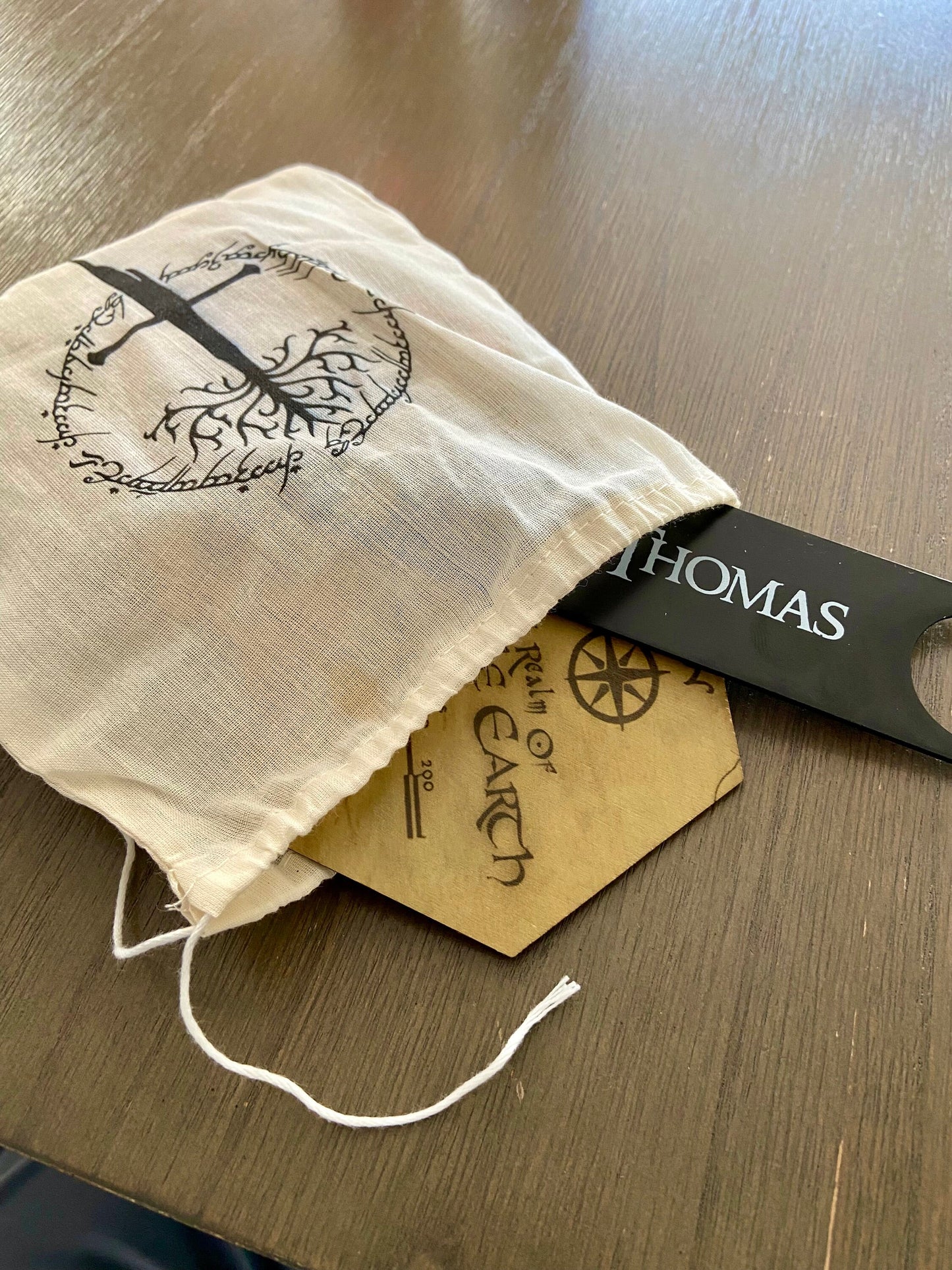 LOTR Inspired Full Color Coaster Map Set with Black Stainless Steel Bottle Opener and Drawstring Bag