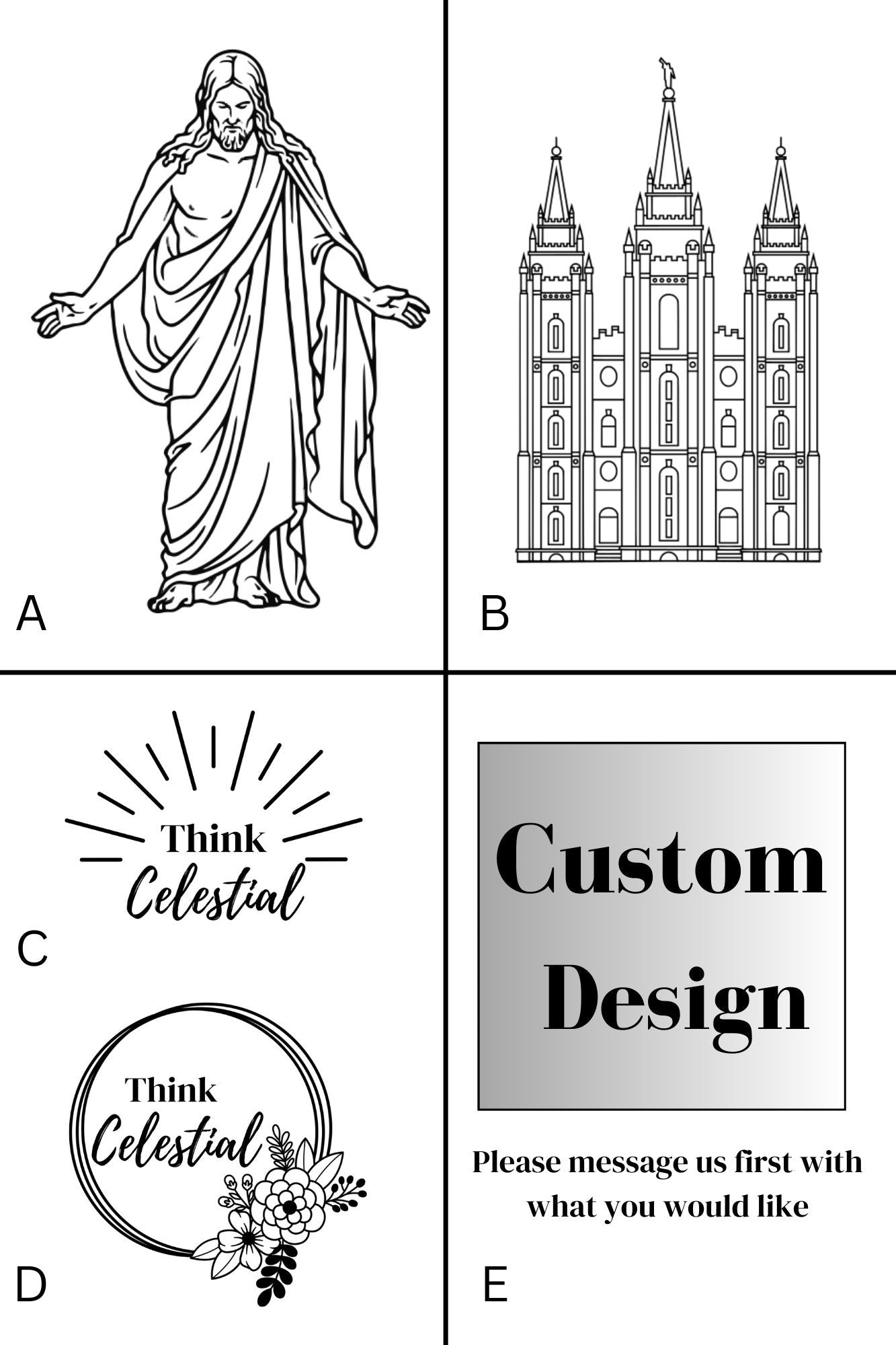 Design options for personalized LDS temple recommend and ordinance card holders, including Christus, Salt Lake Temple, Think Celestial styles, and custom engraving