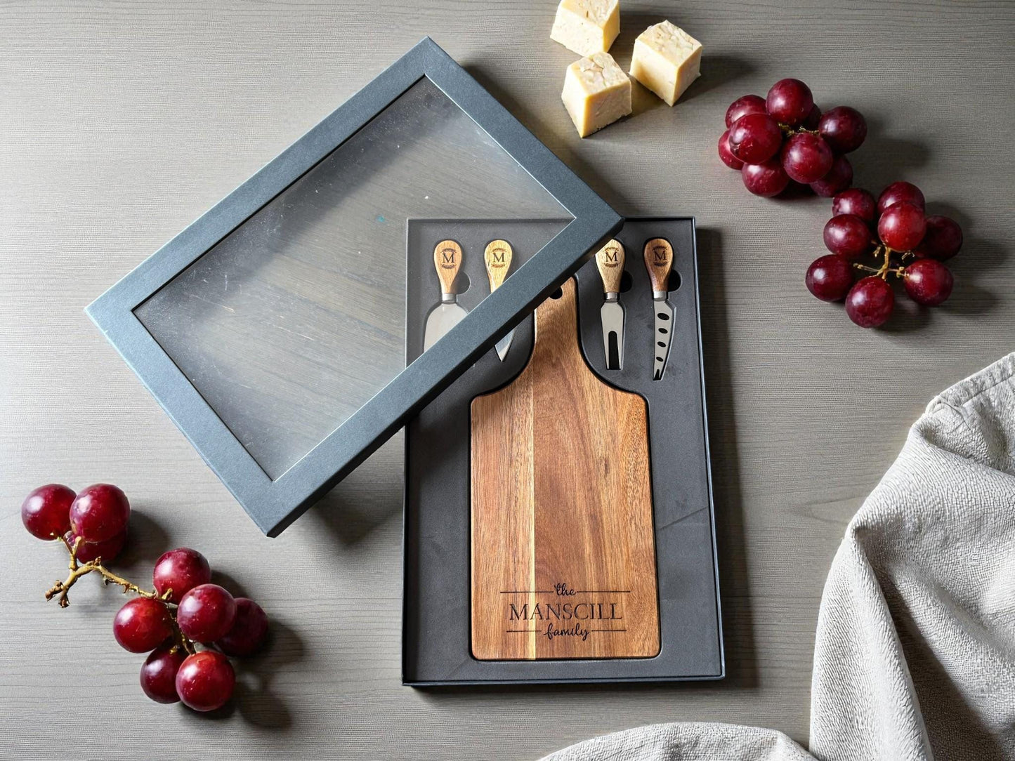 Personalized Acacia Serving Board Gift Set — Laser Engraved Family Name | Cheese Board with 4 Tools & Gift Box