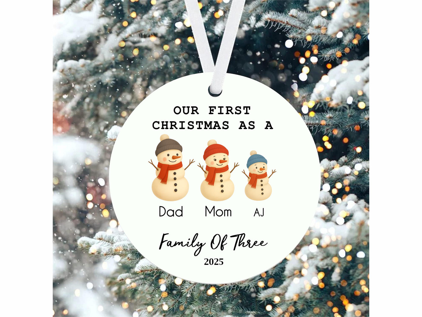 Personalized Family of Three Ceramic Christmas Ornament, Snowman Family Mug Design