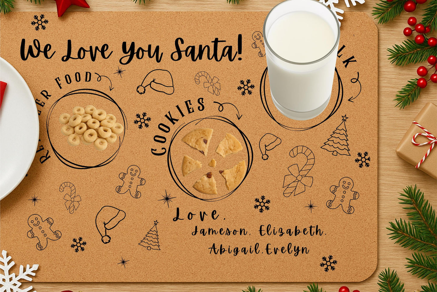 Custom Christmas Eve Treat Mat – Cookies, Milk & Reindeer Food Cork Mat