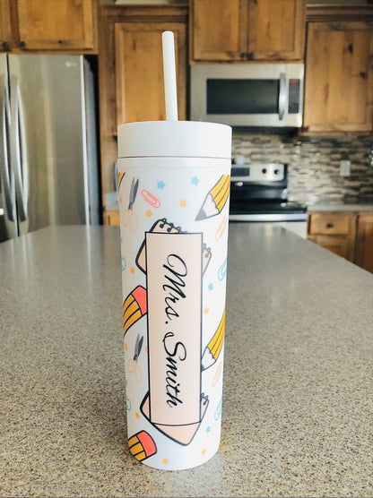 Monogrammed Teacher Appreciation Skinny Tumblers with Lids and Straws