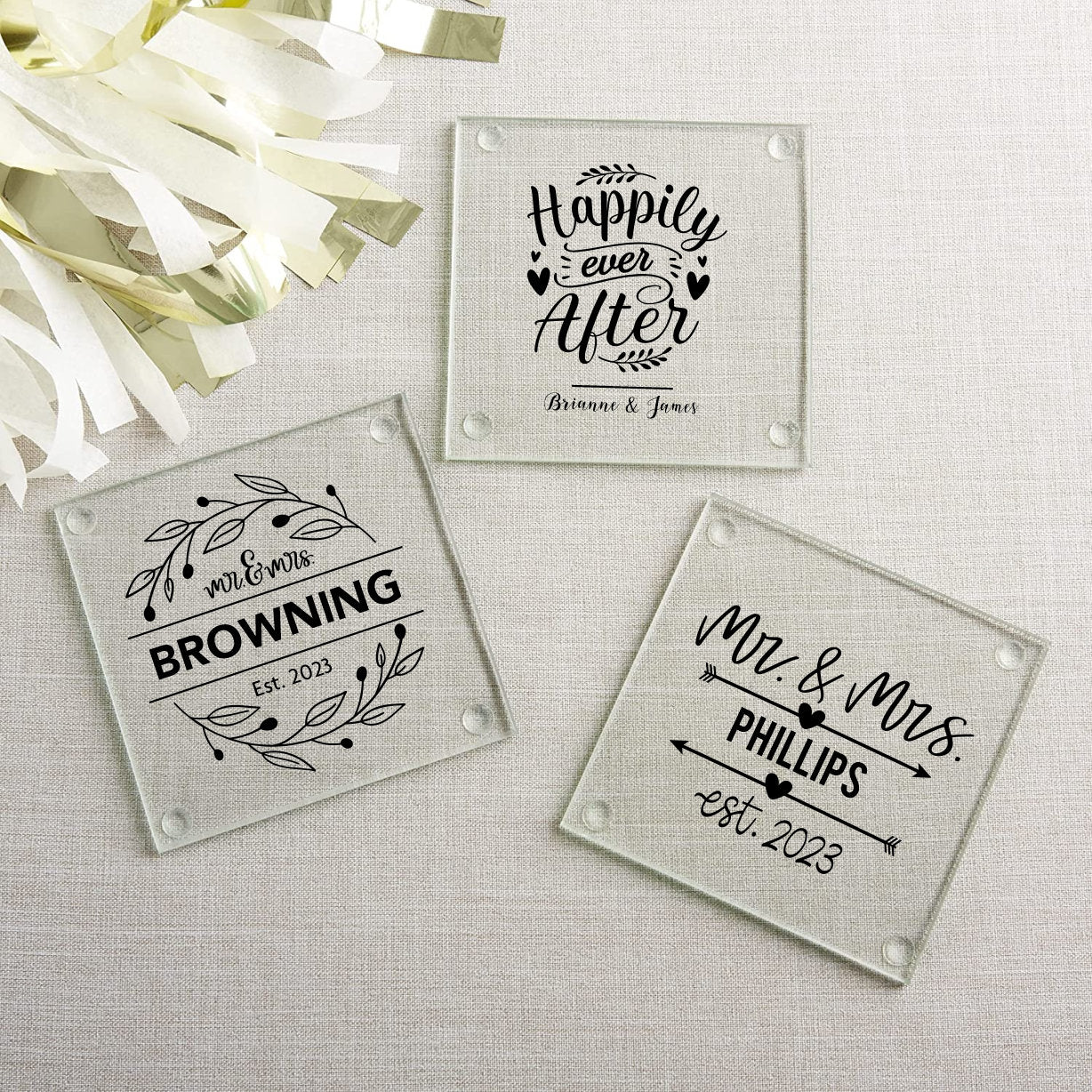 Monogrammed Mr & Mrs Glass Coaster Set, Personalized Wedding Coasters, Personalized printed Glass Coaster Set