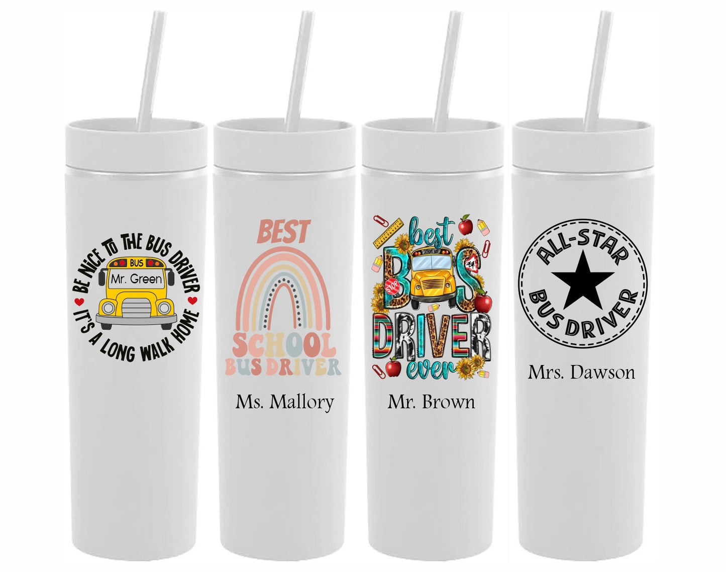 Monogrammed Bus Driver Gift Skinny Tumbler with Lid and Straw