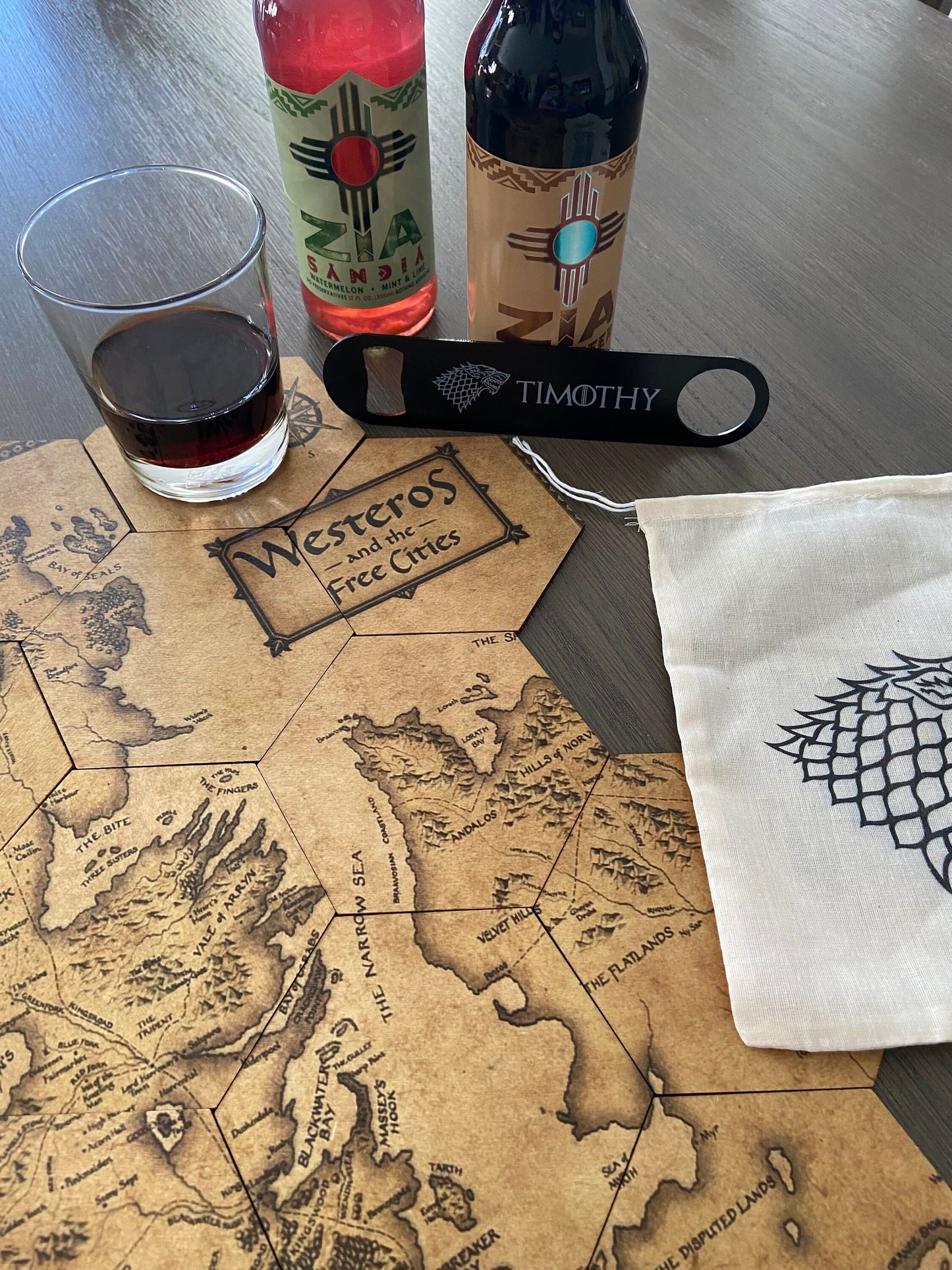 GOT Inspired Coaster Map Set with Black Stainless Steel Bottle Opener and Drawstring Bag