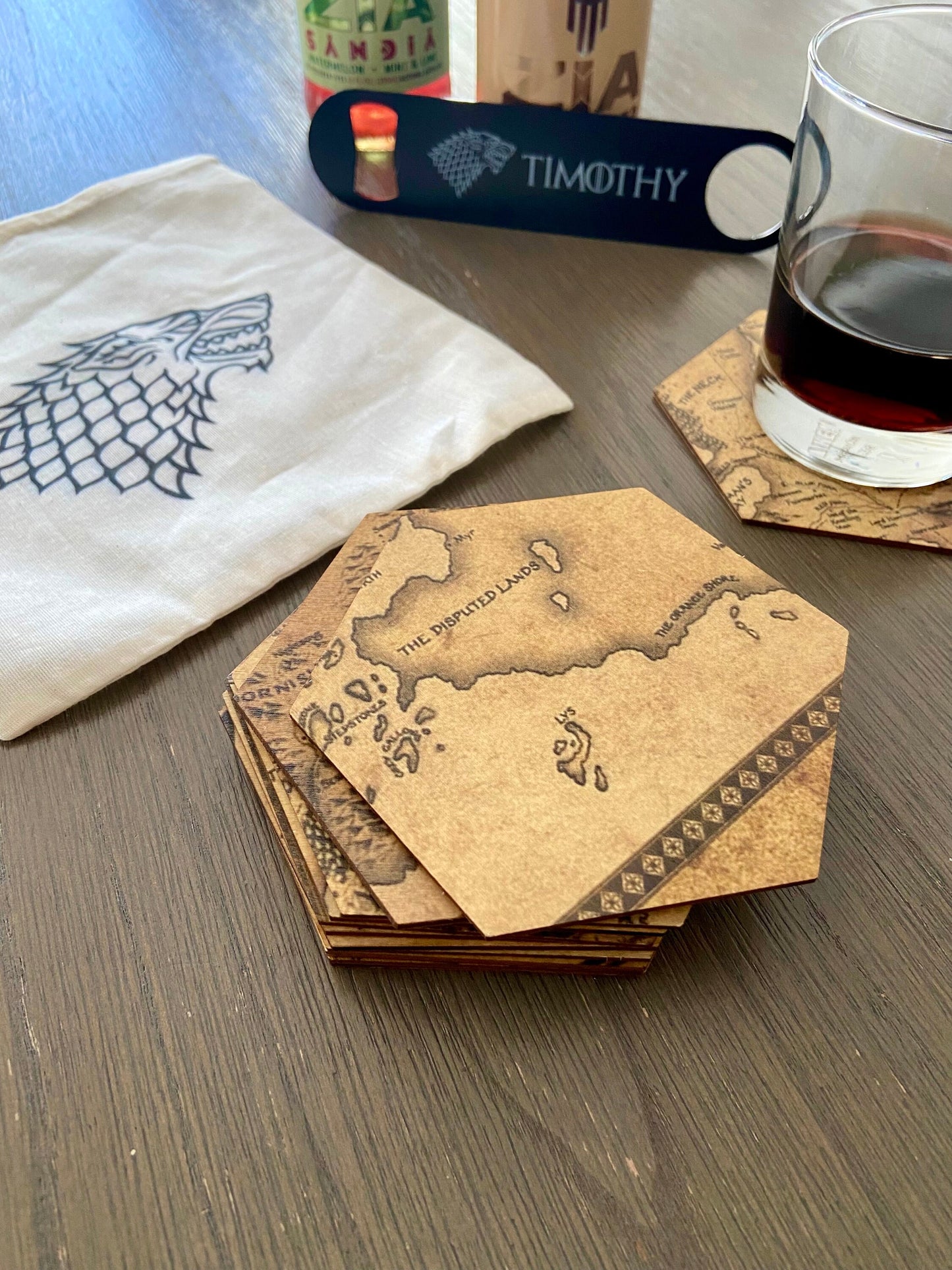 GOT Inspired Coaster Map Set with Black Stainless Steel Bottle Opener and Drawstring Bag