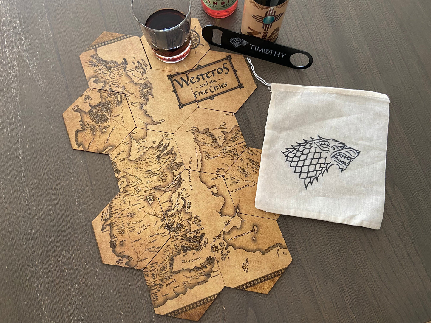 GOT Inspired Coaster Map Set with Black Stainless Steel Bottle Opener and Drawstring Bag