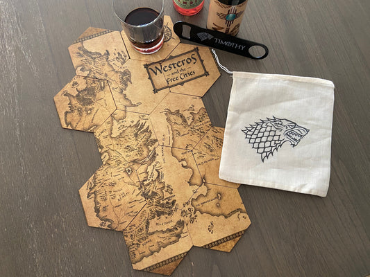 GOT Inspired Coaster Map Set with Black Stainless Steel Bottle Opener and Drawstring Bag