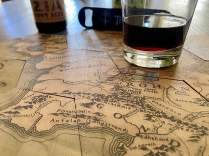LOTR Inspired Full Color Coaster Map Set with Black Stainless Steel Bottle Opener and Drawstring Bag