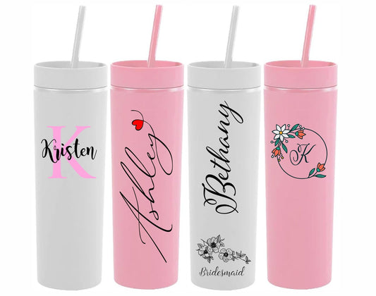Monogrammed Tumbler, Skinny Tumblers with Lid and Straw, Bridesmaid Gift