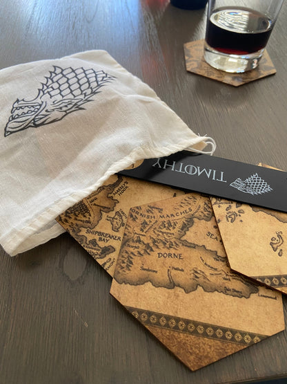 GOT Inspired Coaster Map Set with Black Stainless Steel Bottle Opener and Drawstring Bag