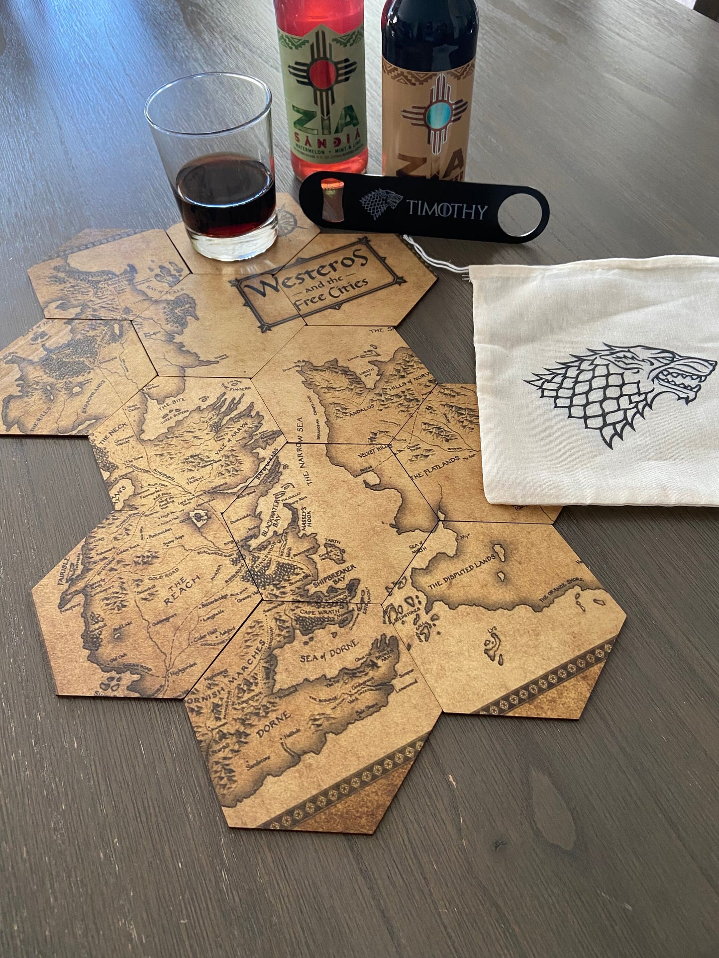 GOT Inspired Coaster Map Set with Black Stainless Steel Bottle Opener and Drawstring Bag