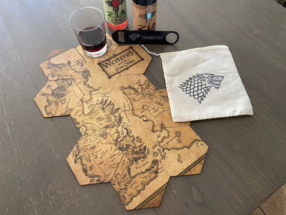 GOT Inspired Coaster Map Set with Black Stainless Steel Bottle Opener and Drawstring Bag