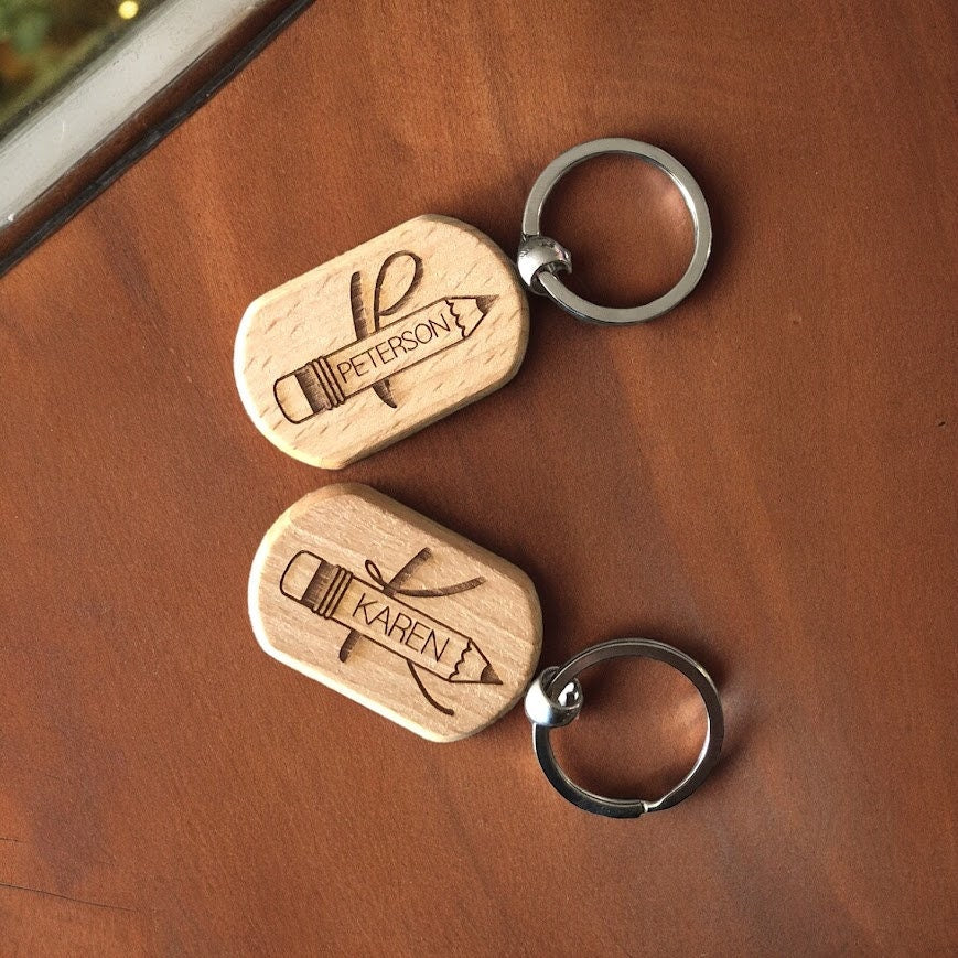 Monogrammed Wooden Teacher Keychain: Engraved Gift