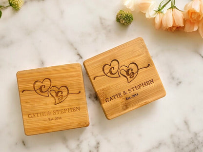 Custom Bamboo Coasters, Monogrammed Coasters Wedding Gift, Anniversary Gift Coasters