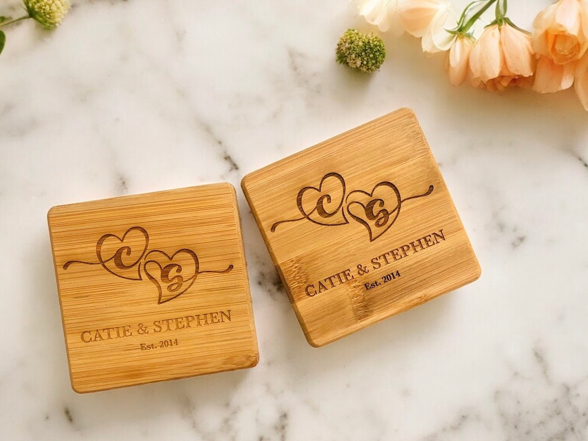 Custom Bamboo Coasters, Monogrammed Coasters Wedding Gift, Anniversary Gift Coasters