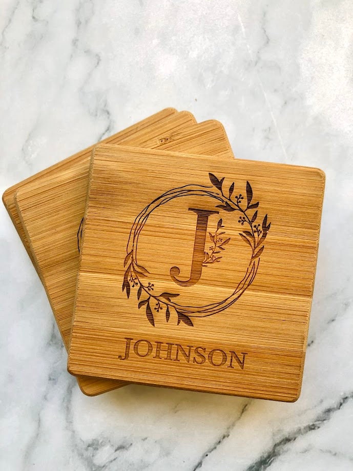 Custom Bamboo Coasters, Monogrammed Coasters Wedding Gift, Anniversary Gift Coasters