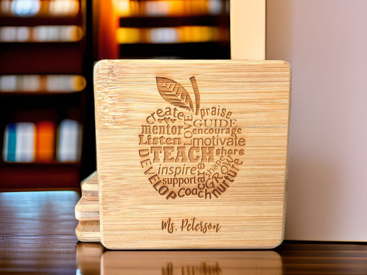 Custom Laser Engraved Teacher Appreciation Bamboo Coasters
