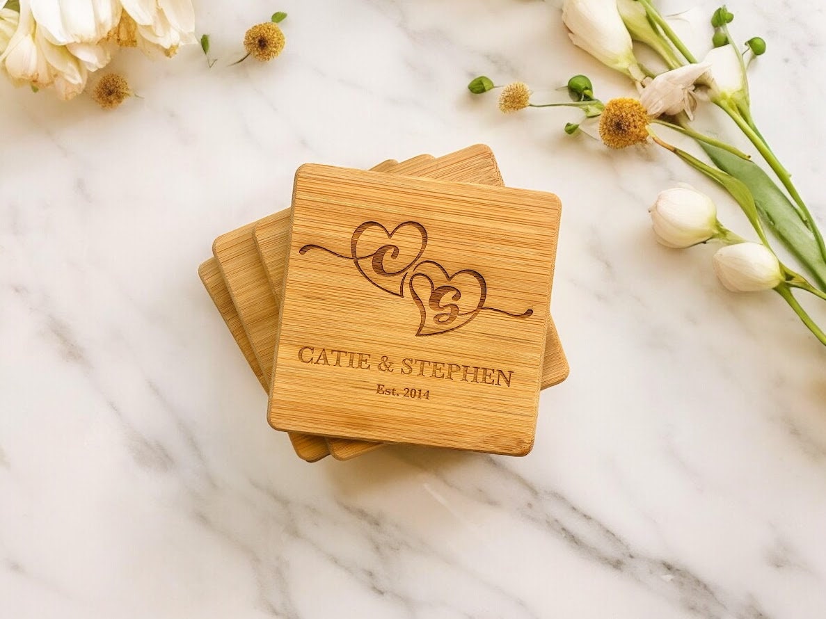 Custom Bamboo Coasters, Monogrammed Coasters Wedding Gift, Anniversary Gift Coasters