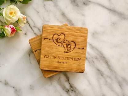 Custom Bamboo Coasters, Monogrammed Coasters Wedding Gift, Anniversary Gift Coasters