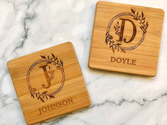 Custom Bamboo Coasters, Monogrammed Coasters Wedding Gift, Anniversary Gift Coasters