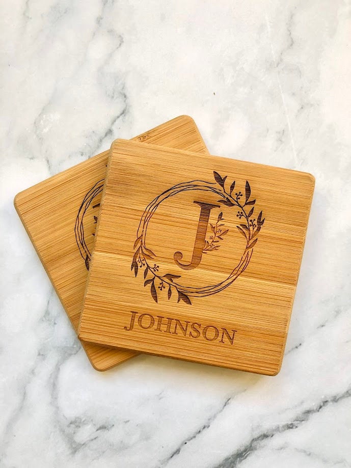 Custom Bamboo Coasters, Monogrammed Coasters Wedding Gift, Anniversary Gift Coasters