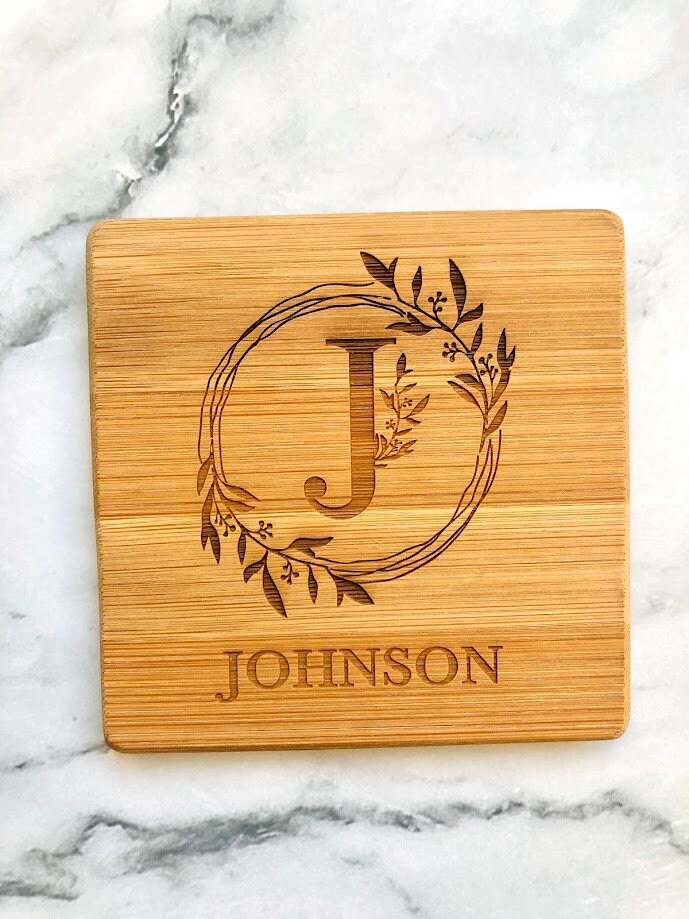 Custom Bamboo Coasters, Monogrammed Coasters Wedding Gift, Anniversary Gift Coasters
