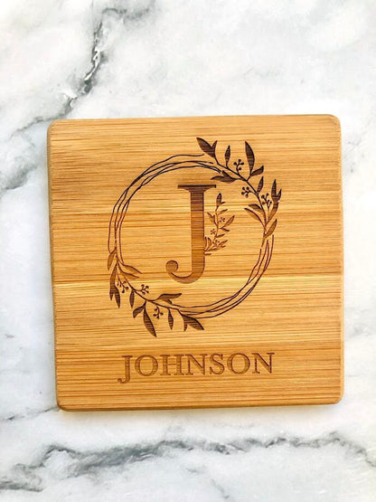 Custom Bamboo Coasters, Monogrammed Coasters Wedding Gift, Anniversary Gift Coasters