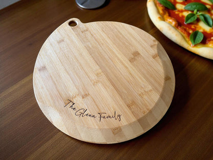 Personalized Bamboo Pizza Board | Custom Family Name Cutting Board | Laser Engraved Housewarming, Wedding, or Christmas Gift