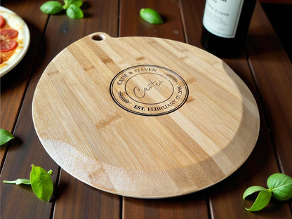 Personalized Bamboo Pizza Board | Custom Family Name Cutting Board | Laser Engraved Housewarming, Wedding, or Christmas Gift