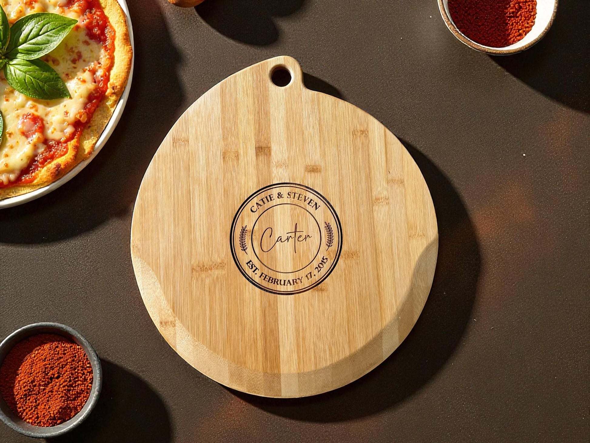 Personalized Bamboo Pizza Board | Custom Family Name Cutting Board | Laser Engraved Housewarming, Wedding, or Christmas Gift