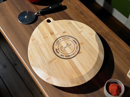 Personalized Bamboo Pizza Board | Custom Family Name Cutting Board | Laser Engraved Housewarming, Wedding, or Christmas Gift