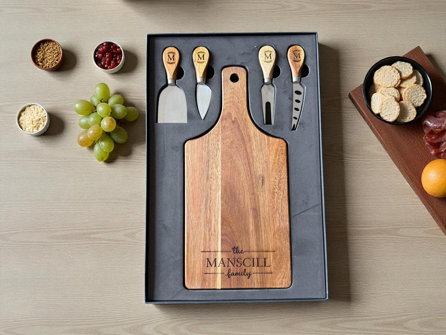 Personalized Acacia Serving Board Gift Set — Laser Engraved Family Name | Cheese Board with 4 Tools & Gift Box