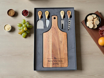 Personalized Acacia Serving Board Gift Set — Laser Engraved Family Name | Cheese Board with 4 Tools & Gift Box