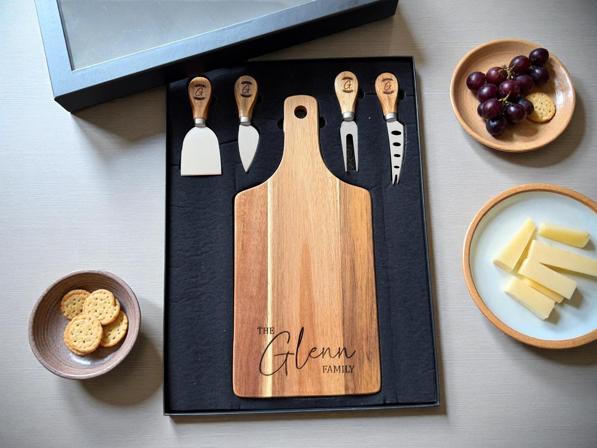 Personalized Acacia Serving Board Gift Set — Laser Engraved Family Name | Cheese Board with 4 Tools & Gift Box