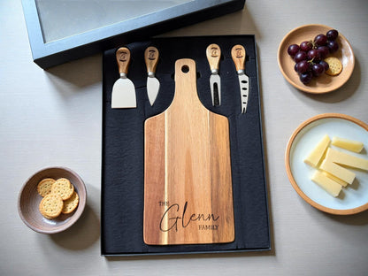 Personalized Acacia Serving Board Gift Set — Laser Engraved Family Name | Cheese Board with 4 Tools & Gift Box