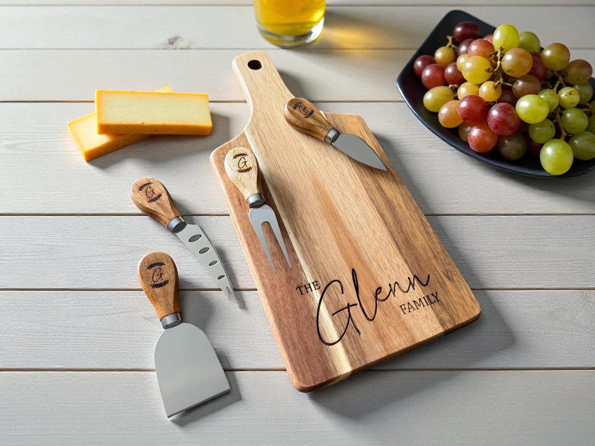 Personalized Acacia Serving Board Gift Set — Laser Engraved Family Name | Cheese Board with 4 Tools & Gift Box