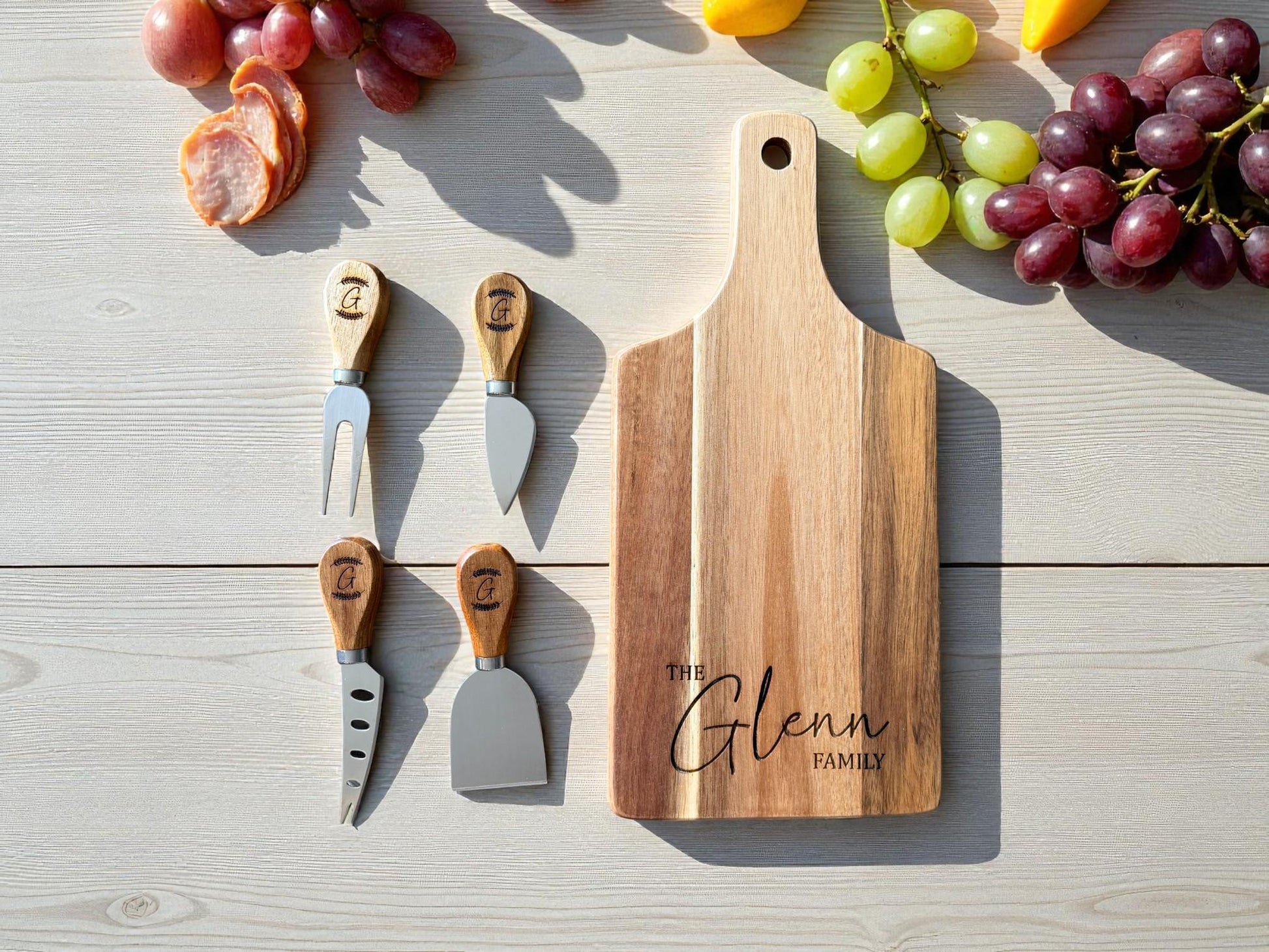 Personalized Acacia Serving Board Gift Set — Laser Engraved Family Name | Cheese Board with 4 Tools & Gift Box