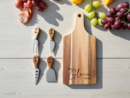 Personalized Acacia Serving Board Gift Set — Laser Engraved Family Name | Cheese Board with 4 Tools & Gift Box
