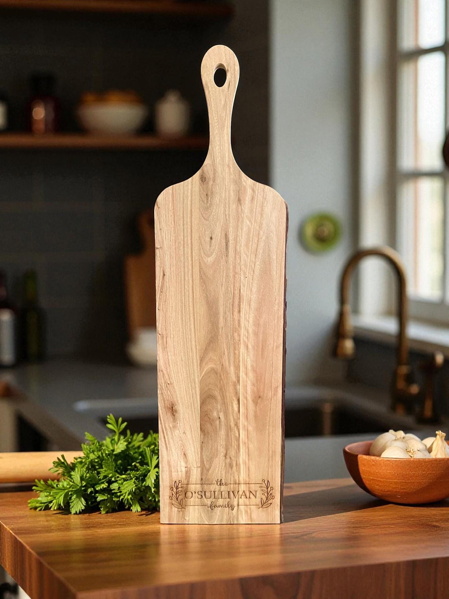 Personalized Live Edge Mango Wood Board | Custom Family Name Charcuterie & Serving Board | Rustic Wedding or Housewarming Gift