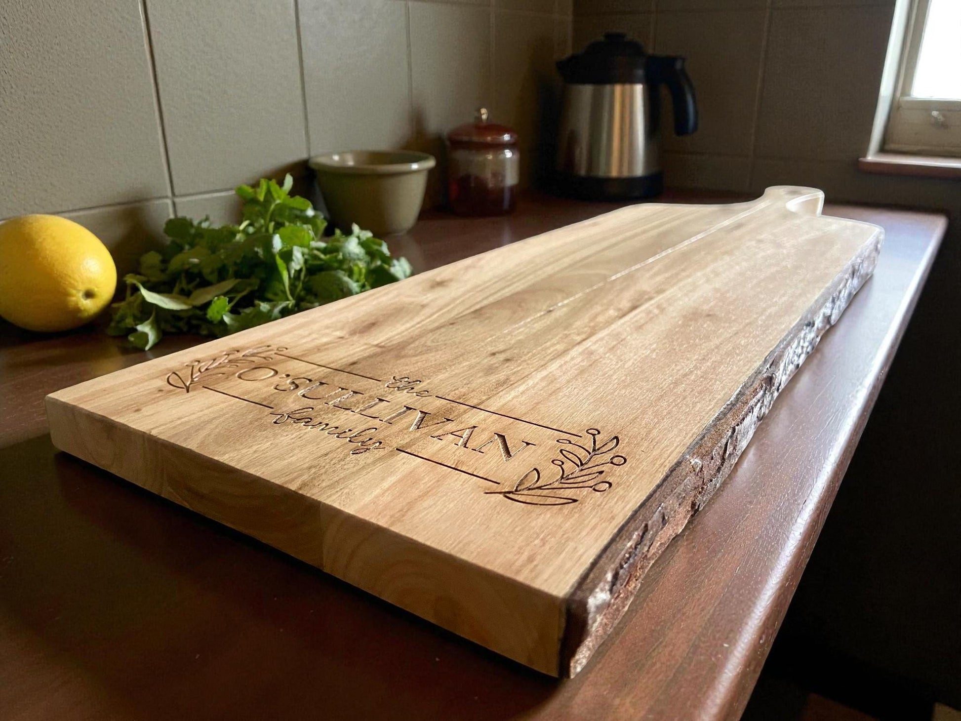 Personalized Live Edge Mango Wood Board | Custom Family Name Charcuterie & Serving Board | Rustic Wedding or Housewarming Gift