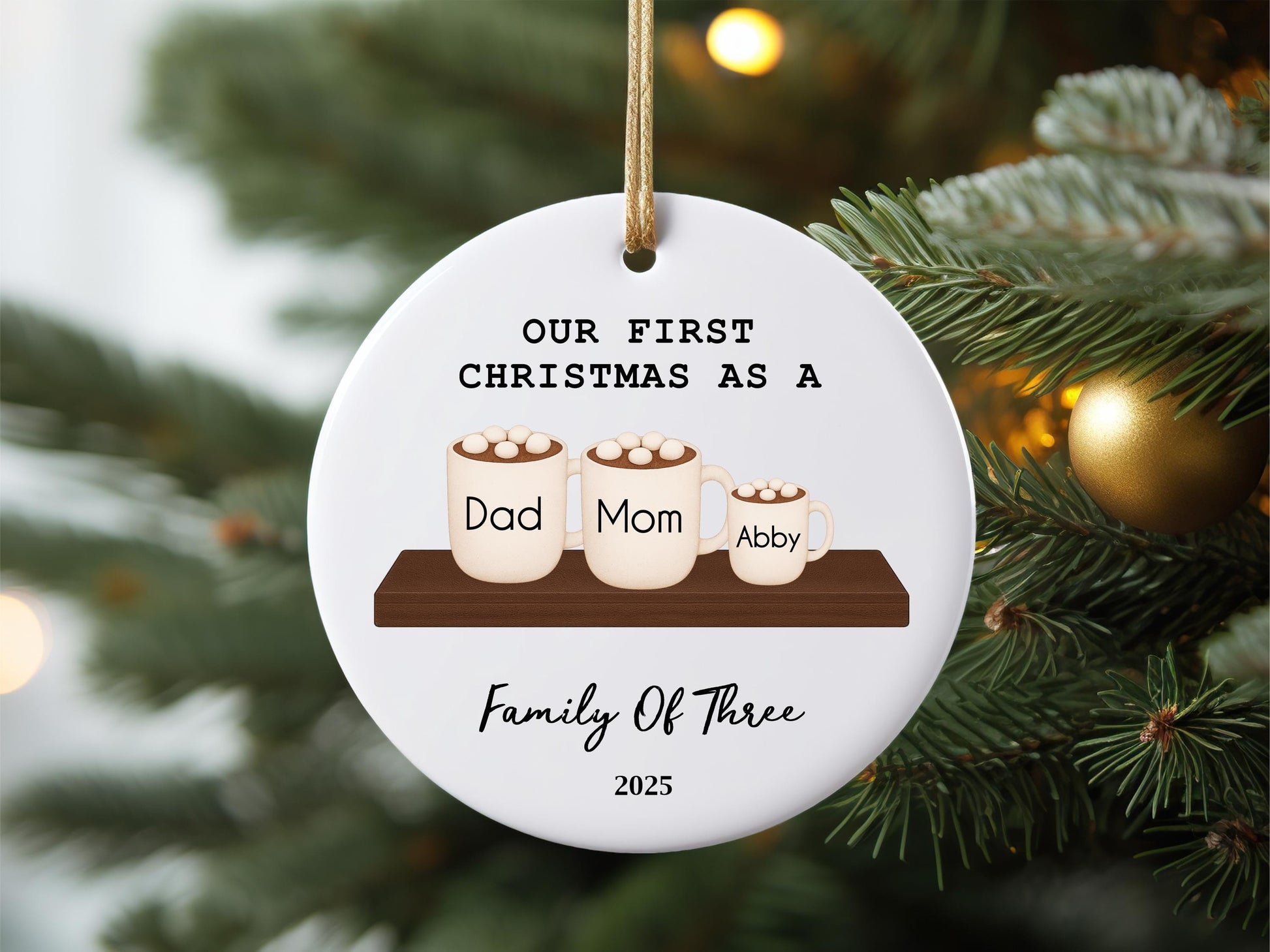 Personalized Family Christmas Ornament, First Christmas Keepsake, Hot Chocolate Mugs