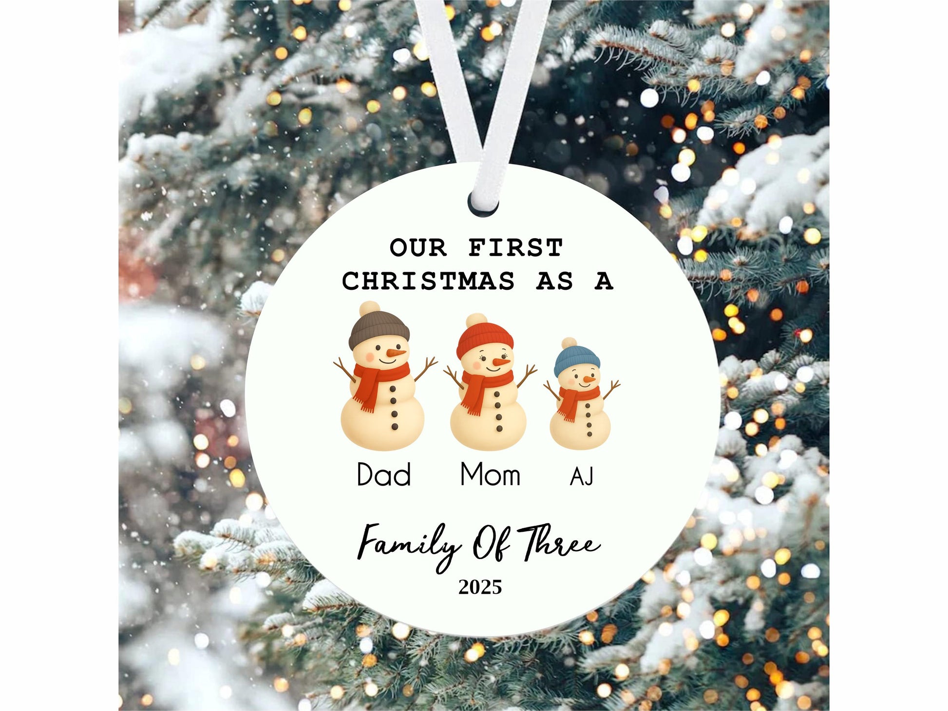 Personalized Family of Three Ceramic Christmas Ornament, Snowman Family Mug Design