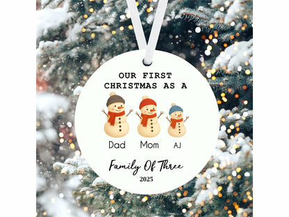 Personalized Family of Three Ceramic Christmas Ornament, Snowman Family Mug Design