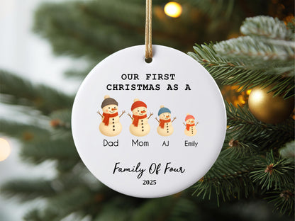 Personalized Family of Three Ceramic Christmas Ornament, Snowman Family Mug Design